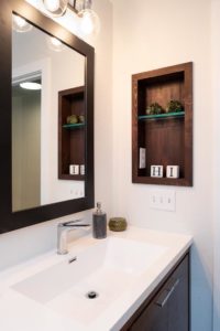 View of the Vanity with Inset Shelving with Power in the Maple Valley Bathroom Remodel