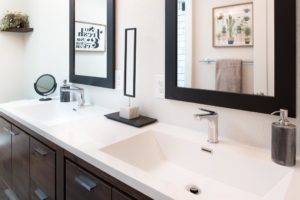 View of the Vanity with Dual Sinks, Mirrors, and Lighting in the Maple Valley Bathroom Remodel